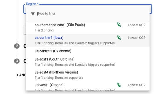 구글은 클라우드런 및 데이터스트림 사용자에게 탄소배출이 가장 낮은 리전을 선택할 수 있도록 하고 있다.