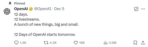12 days of OpenAI 예고 게시글 [ⓒ 오픈AI 엑스(X) 갈무리]