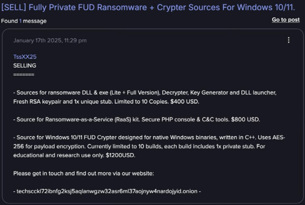 올해 1월 다크웹에서 포착된 클로드 악용 랜섬웨어 판매 사례. (사진=앤트로픽)