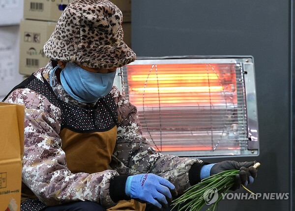 영하권의 추운 날씨를 보인 지난 3일 오전 인천 부평구 삼산농산물도매시장에서 상인들이 전기난로에 몸을 녹이며 파를 다듬고 있다. (사진=연합뉴스)